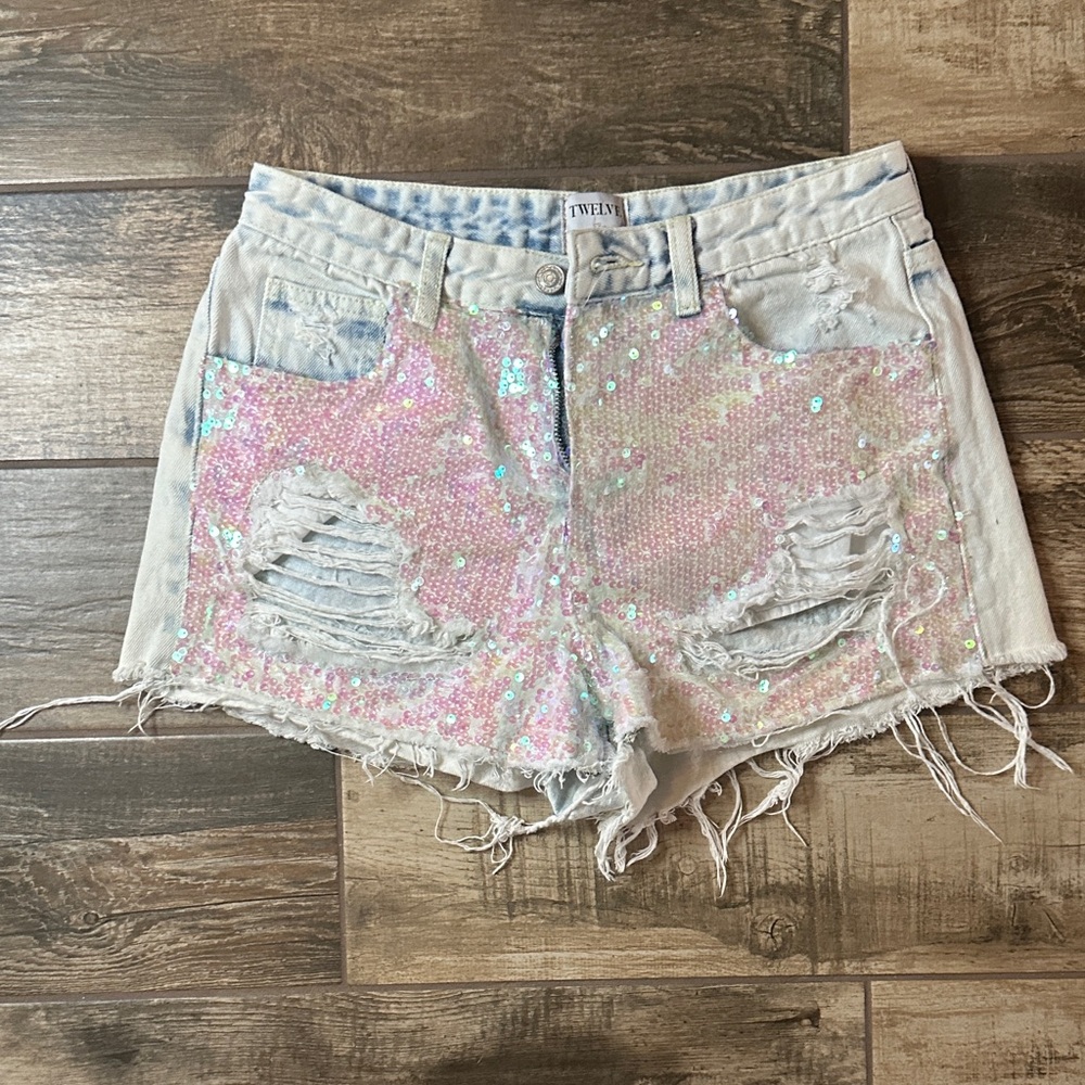 Twelfth Street by Cynthia Vincent Pink Sequin Distressed Jean Shorts